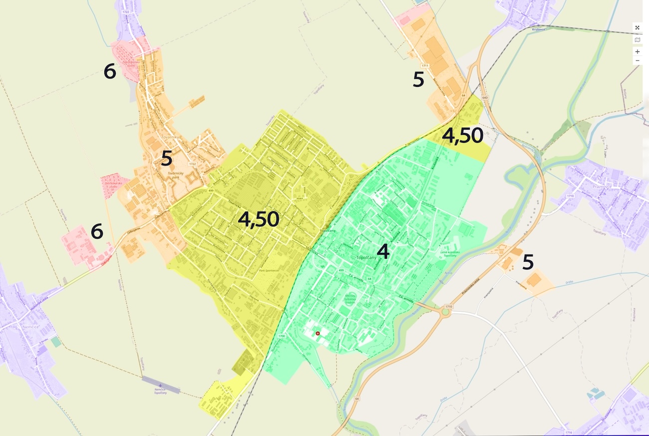 Mapa zón taxislužby PROTAXI Topoľčany